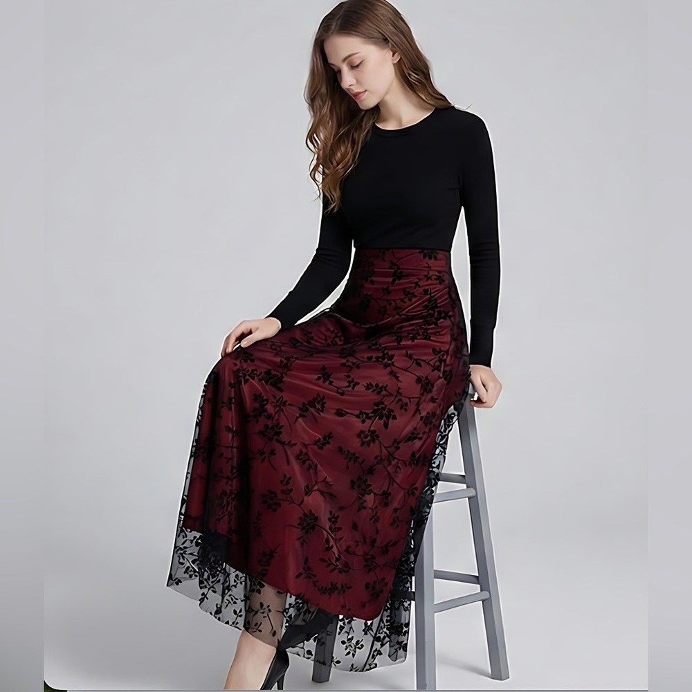 Floral Flocking Tulle Long A-Line Skirt Red - Picture 2 of 12